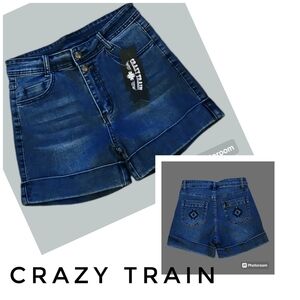 CRAZY TRAIN Western Dark Wash Embroidered Aztec Cuffed Denim Shorts